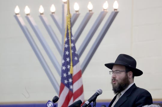 Rabbi Shmuel Gancz of Chabad of Suffern spoke to the hundreds who attended a vigil at the Jewish Community Campus in West Nyack Dec. 30, 2019. The vigil, sponsored by the Jewish Federation and Foundation of Rockland County was held as a show of solidarity after the stabbing of five Hasidic Jews attending a Hanukkah celebration in Monsey Saturday night. 