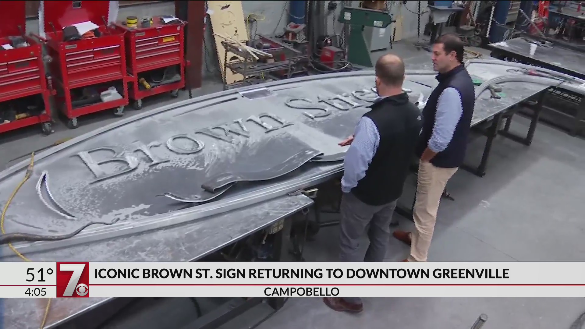 Thumbnail for the video titled "Iconic Brown Street sign returning to downtown Greenville"