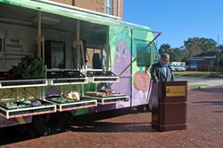 Jeb Bush, director of the Forsyth Farmers' Market, speaks at the 912 Food Farmacy announcement.