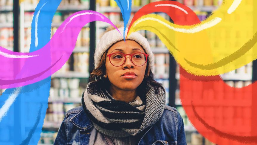 Person at the supermarket with colourful brushstrokes streaming from her head to depict how to be more creative.