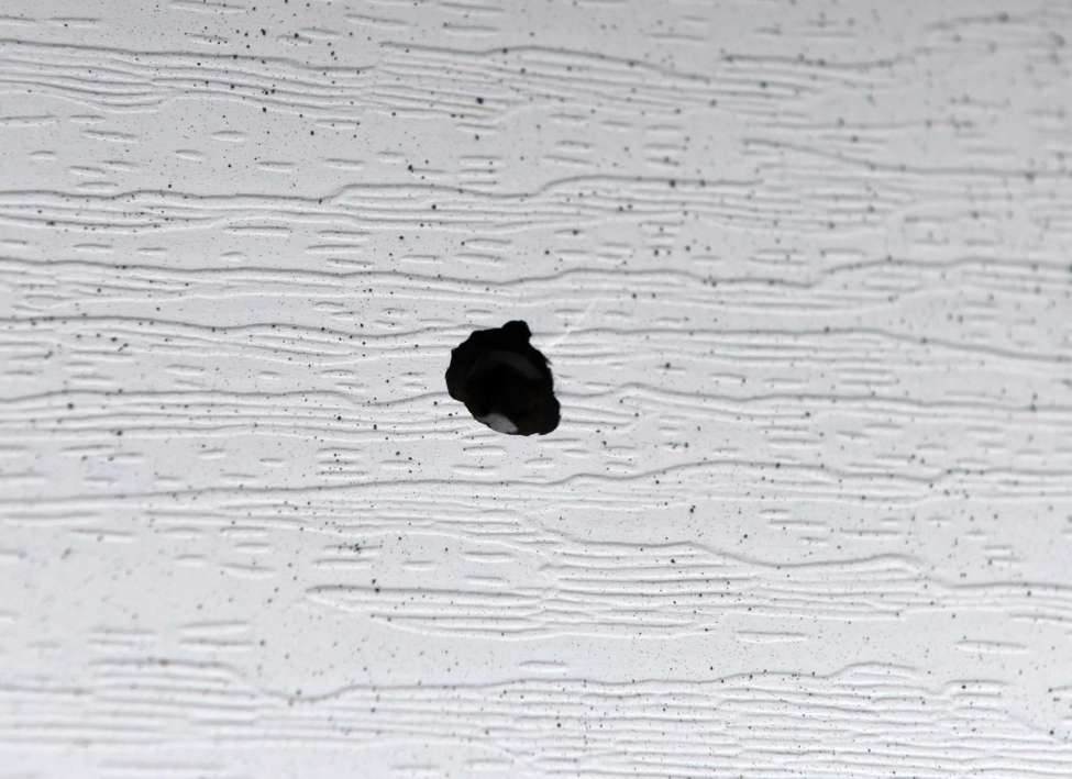 A bullet hole is visible in the rear of a Third Avenue home where a 3-year-old boy was shot in the arm with a stray bullet fired during a shootout on Friday, July 19, 2019, in Albany, N.Y. (Will Waldron/Times Union)