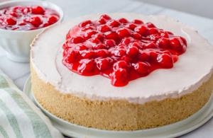 a piece of cake on a plate: Both sweet and tart, there’s no denying that cherry dessert recipes hit the spot. In this case, they’re used in a dreamy no-bake cheesecake. For the No-Bake Montmorency Tart Cherry Cheesecake recipe, click here.