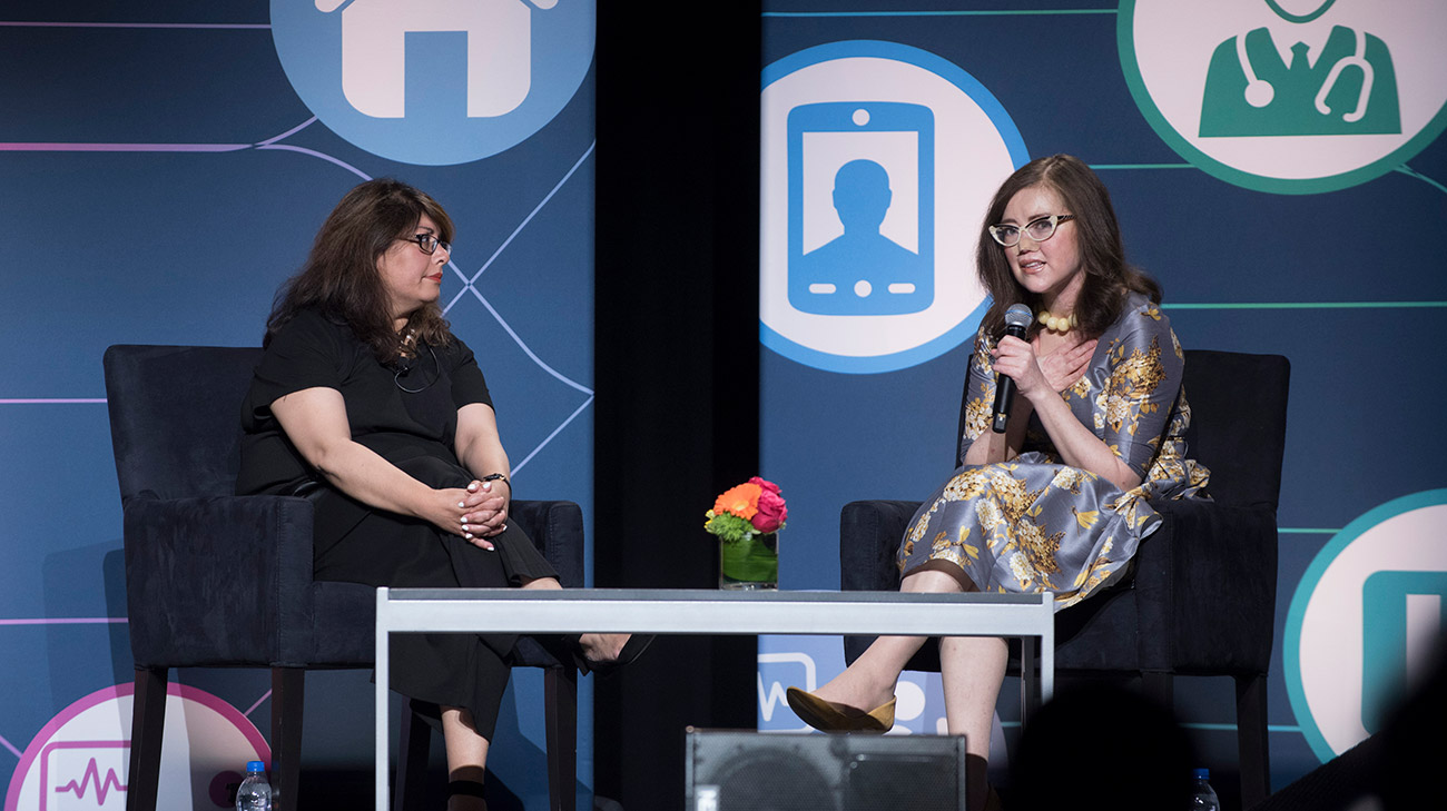 Dr. Budev (left) and Charity Tillemann-Dick (right) speaking at the 2017 Patient Experience: Empathy + Innovation Summit